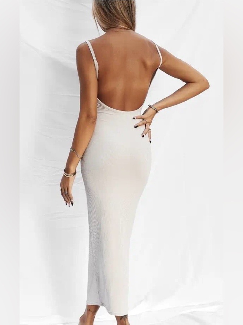 Luxe Rib "Stone" (Cream) coloured Backless Low Back Slim-Strap Midi Dress Size S